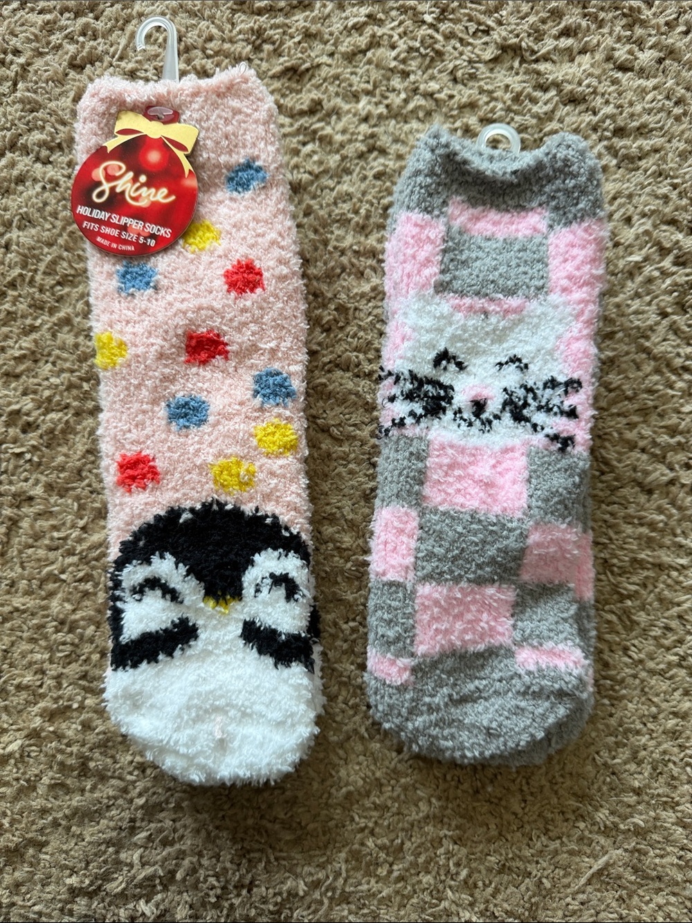 Plush Cat & Penguin Fuzzy Slipper Socks - Pink, Gray, White